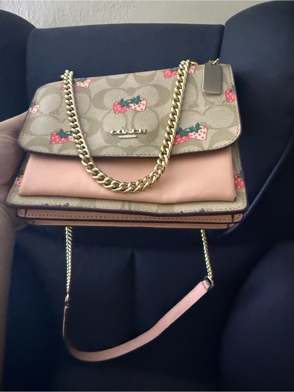 Coach Beige Signature Strawberry Print Chain Crossbody with Pink Accents - Picture 3 of 5